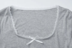 Lace Trim Solid Long Sleeve Top