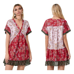 Floral Print Short Sleeve V-Neck Ruffled Hem Loose Mini Dress with Pockets