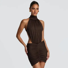 Bodycon Ruched Open-Back High-Neck Mini Dress