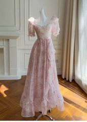 Pink Floral Square Puff Sleeve Flounced Midi Dress