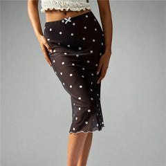 Sheer Mesh Polka Dot Low Rise Midi Skirt