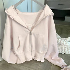 Pink Ruffled Zipper Crop Hoodies