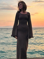 Knitted Backless Long Sleeve Maxi Dress
