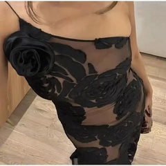 Black One-Shoulder Floral Desgin Long Dress