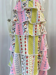 Floral Patchwork Pom Pom Trim Tiered Maxi Dress