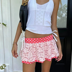 Pink Polka Dot Lace Patchwork Mini Dress
