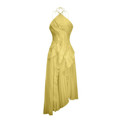 Spaghetti Strap Pleated Irregular Ruffle Desgin Long Dress