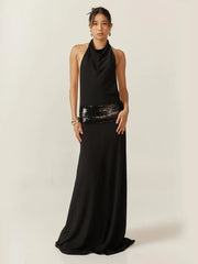 Backless Halter Sequin Patchwork Maxi Dress
