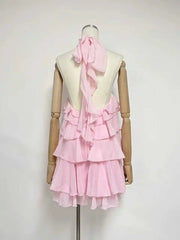 Ruffle Halter Flower Decoration Layered Mini Dress