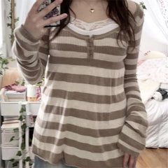 Striped Long Sleeve Babydoll Sweaters Top