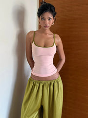 Pink Colour-Blocking Cami Top And Green Elastic Waist Pants Set