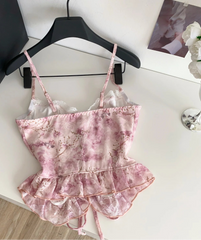 Pink Print Lace Ruffles Corset