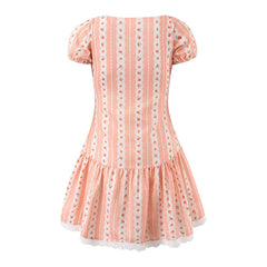 Orange Floral Stripes Print Lacing up Short Puff Sleeve Mini Dress