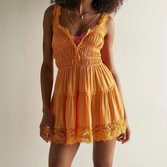 Lace Trim Smocked Tunic Mini Dress