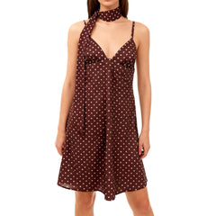 Brown Dot Print V Neck Spaghetti Strap Dress with Scarf
