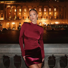 Red Velvet Long Sleeve Patchwork Mini Dress