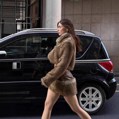 Brown Faux Fur Crop Coat With Patchwork Mini Skirt