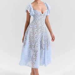 Blue Lace Flare Sleeve Midi Dress
