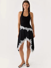 Black Halter Lace Trim Irregular Hem Midi Dress