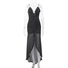 Black Polka Dot Split Ruched Midi Dress