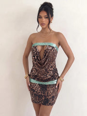 Strapless Leopard Print Sequin Patchwork Mini Dress
