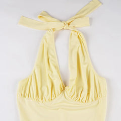 Yellow Halter Tie Up Puff Hem Mini Dress