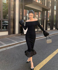 Black Off Shoulder Knitted Long Mermaid Fishtail Dress
