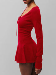 Solid Knit Long Sleeve Front Tie Mini Dress
