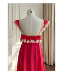 Red Lace Trim Square Neck Ruffle Chiffon Maxi Dress