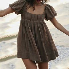 Puff Sleeve Babydoll  Square Neck Tie Back Mini Dress