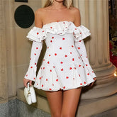 White Heart Print Off Shoulder Mini Dress