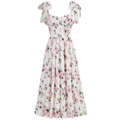 Floral Print Tie Up Buster Flare Mesh Midi Dress