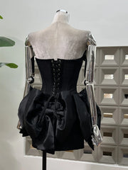 Bow Patchwork Ruffle Corset And Mini Skirt Set