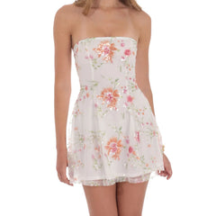 White Strapless Sequin Floral Embroidery Lace Up Mini Dress