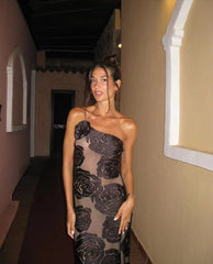 Black One-Shoulder Floral Desgin Long Dress