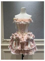 Pink Lace Up Strapless Bow Pearl Desgin Tiered Mini Dress