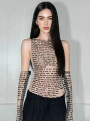 Mesh Letter Printed O-Neck Tank Top With Gloves