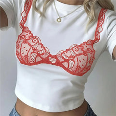 Lace Bra Print Short Sleeve Tee