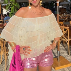 Ruffle Layered Sheer Poncho Cover-up Top