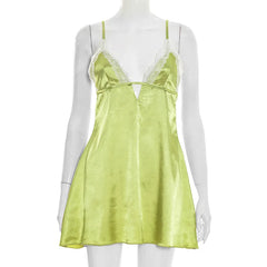 Green Lace Trim Cami Slip Mini Dress