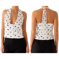 Printed Tie-up Halter Deep V-Neck Crop Top