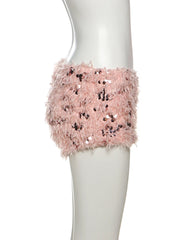 Pink Ruched Halter Open Back Top And Fur Sequin Shorts Set