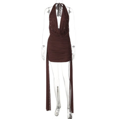 Halter Deep V Neck Teardrop Crystals Draped Mini Dress