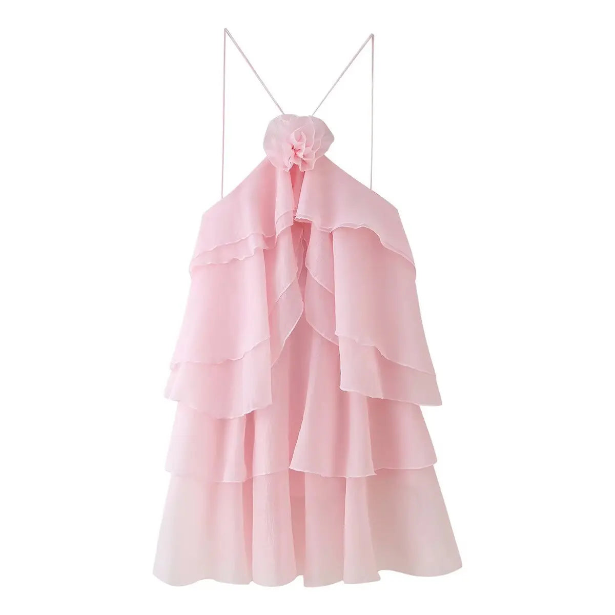 Pink ruffled dress backless loose