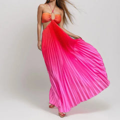 Gradient Pleated Halter Neck Cut Out Maxi Dress