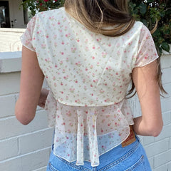 Mesh Short Sleeve Floral V-Neck Top