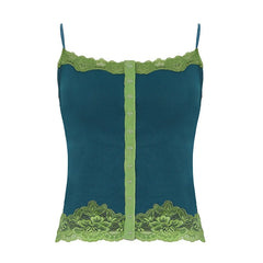 Blue Button Up Lace Trim Spaghetti Strap Crop Top