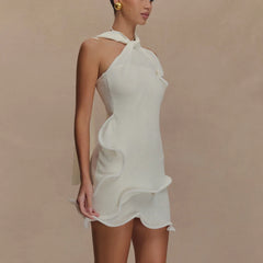 Knitted Halter Ruffle Trim Mini Dress