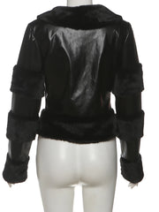Black Faux Leather Patchwork Plush Crop Jacket