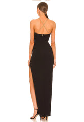 Black Crossed Chain Strap High Slit Maxi Dress